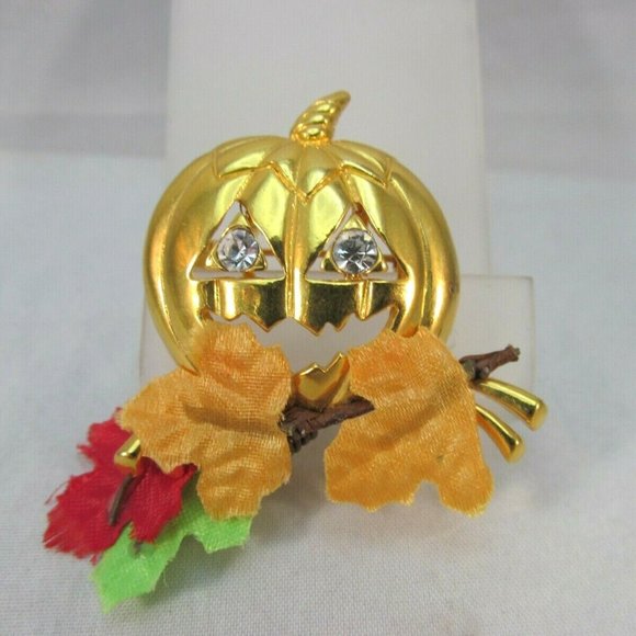 Pumpkin Brooch with Rhinestone Eyes Autumn Leaves - Picture 5 of 11
